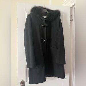 Trina Turk Black Wool Coat with fox fur trimmed hood. Women’s Size 10.